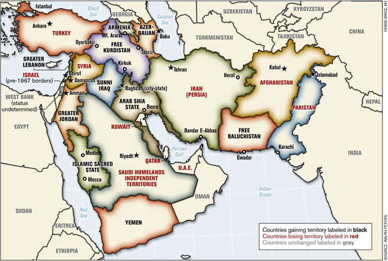 خريطة الكولونيل رالف بيترز لـ"الشرق الأوسط الجديد" بعد تعديل حدود بلدانه