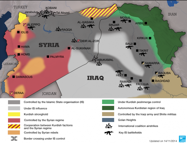 Why Could the Rise of the Islamic State Be a Chance for a Real Reformation of Islam? - © Image: FRANCE 24 - Map showing the areas controlled by Islamic State in Syria and Iraq